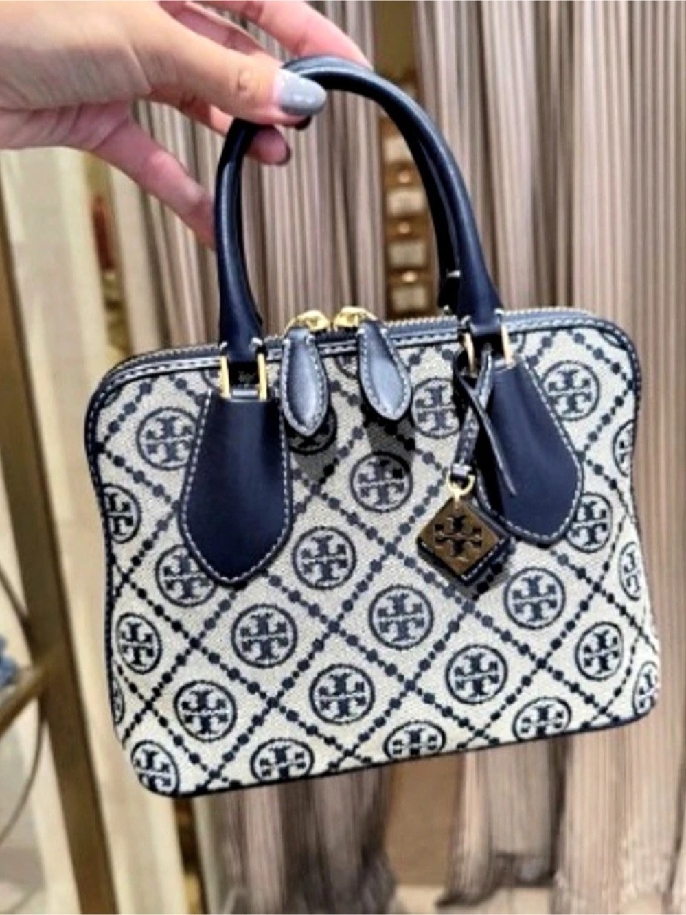 Tory Burch T Monogram Small Bowler Blue & White Satchel